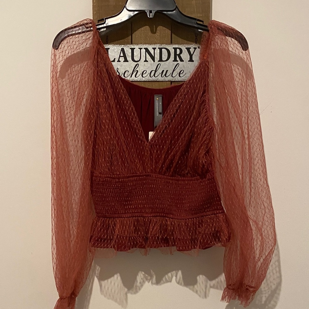 Anthropologie Textured Rust Blouse with Sheer Sleeves